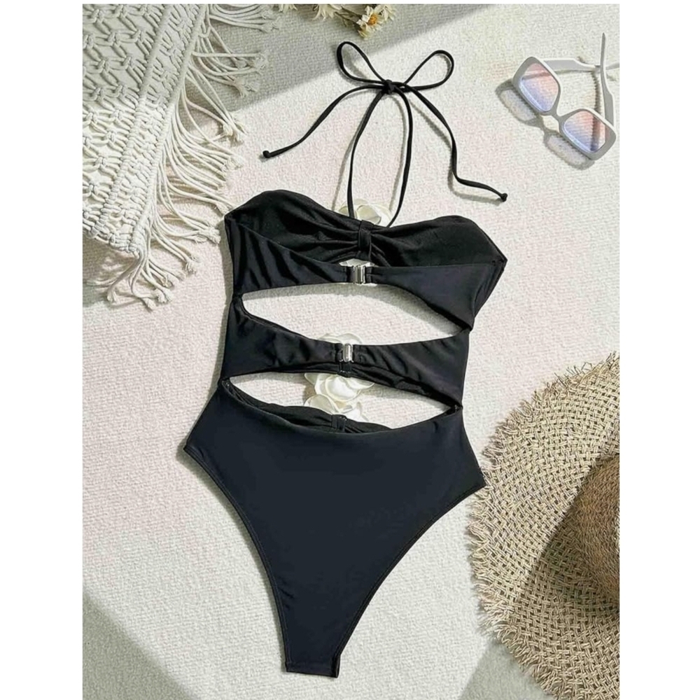 BYINDED - Xl Black Halter One-Piece Swimsuit with Floral Accents - Picture 2 of 11
